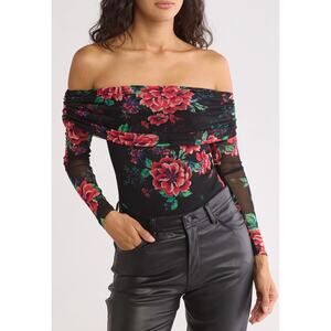 AFRM Monica Dark Floral Mesh Bodysuit Womens L Long Sleeve Drape Shoulder